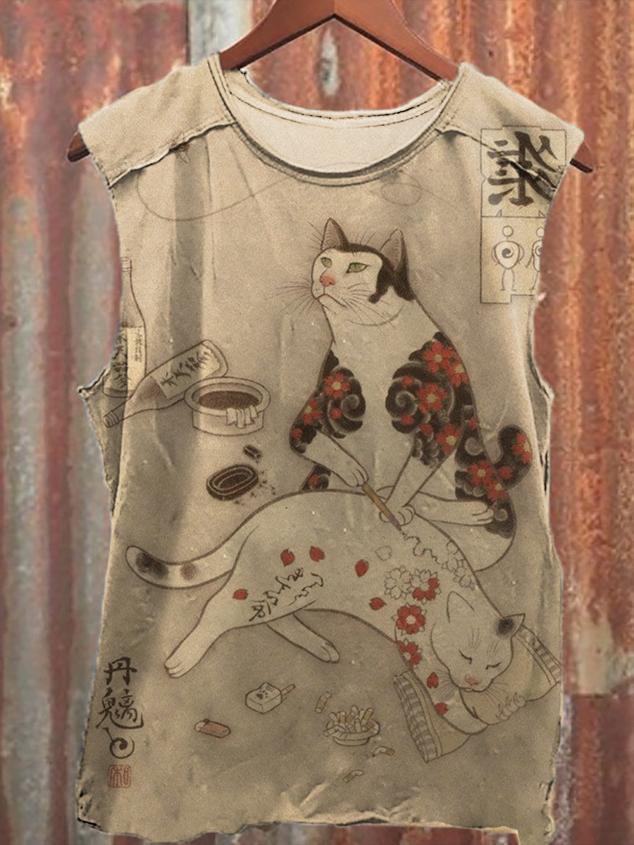 Japanese tattoo cat Print Unisex Casual Tank Top