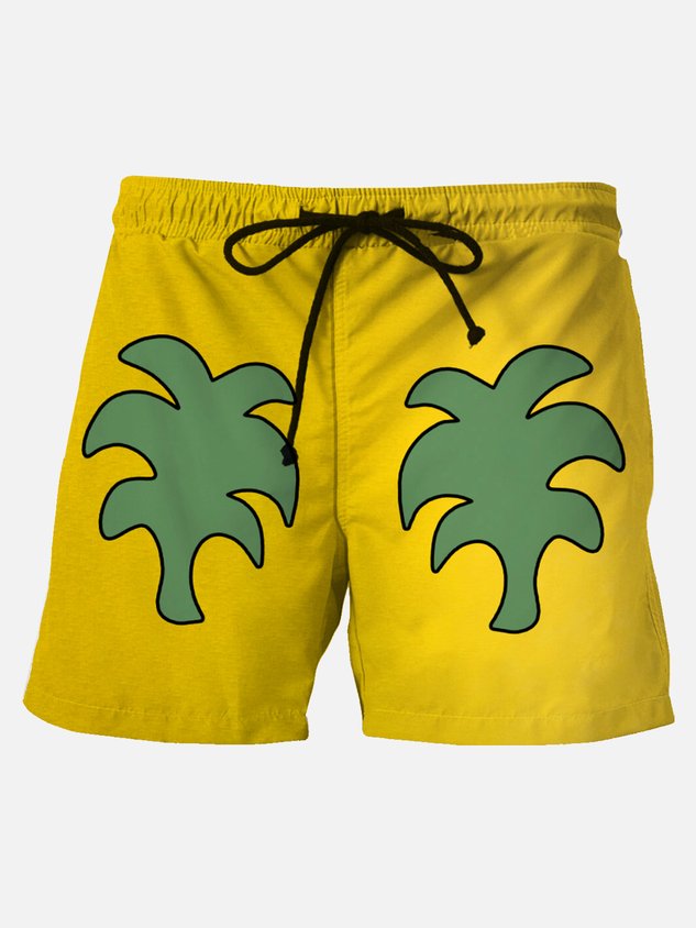 Darkpick 50’s Retro Casual Yellow Men's Quick Dry Holiday Pants Fun Coconut Tree Cartoon Art Stretch Large Size Beach Shorts