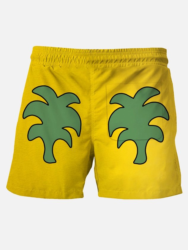 Darkpick 50’s Retro Casual Yellow Men's Quick Dry Holiday Pants Fun Coconut Tree Cartoon Art Stretch Large Size Beach Shorts