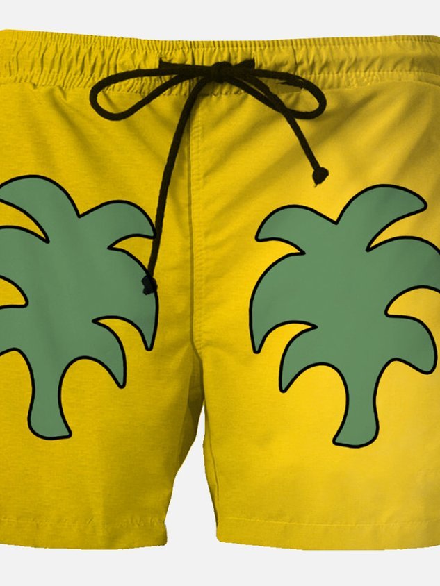 Darkpick 50’s Retro Casual Yellow Men's Quick Dry Holiday Pants Fun Coconut Tree Cartoon Art Stretch Large Size Beach Shorts