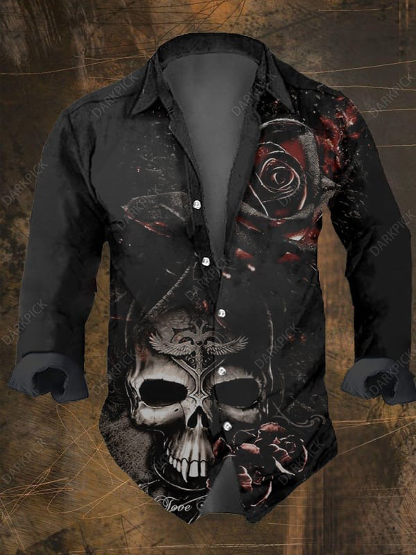 Men's Vintage Dark Skull Print Long Sleeve Shirt