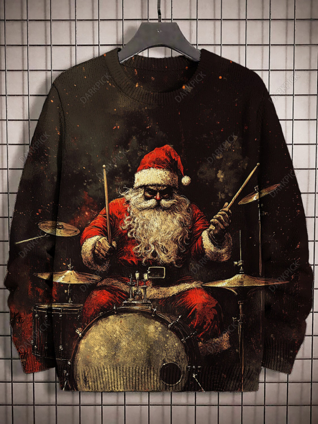 Men's Dark Rock Drum Santa Claus Art Print Knit Sweatshirt