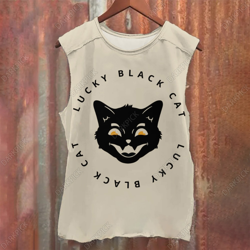 Unisex Casual Black Lucky Cat Printed Tank Top