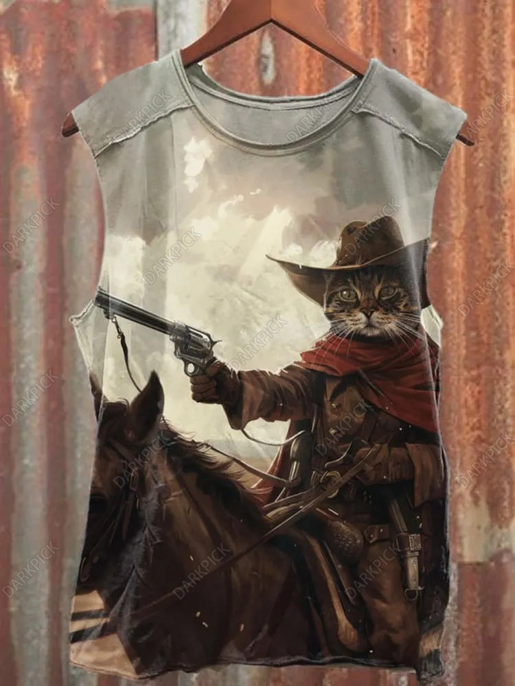 Unisex Funny Cat Western Cowboy Art Illustration Print Tank Top