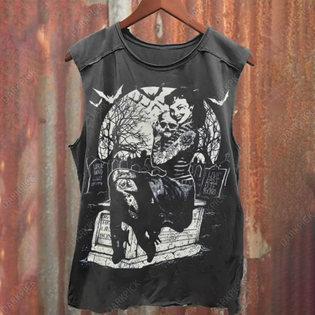 Unisex Retro Tattooed Girl Graveyard Skull Punk Print 100% Cotton Casual Tank Top