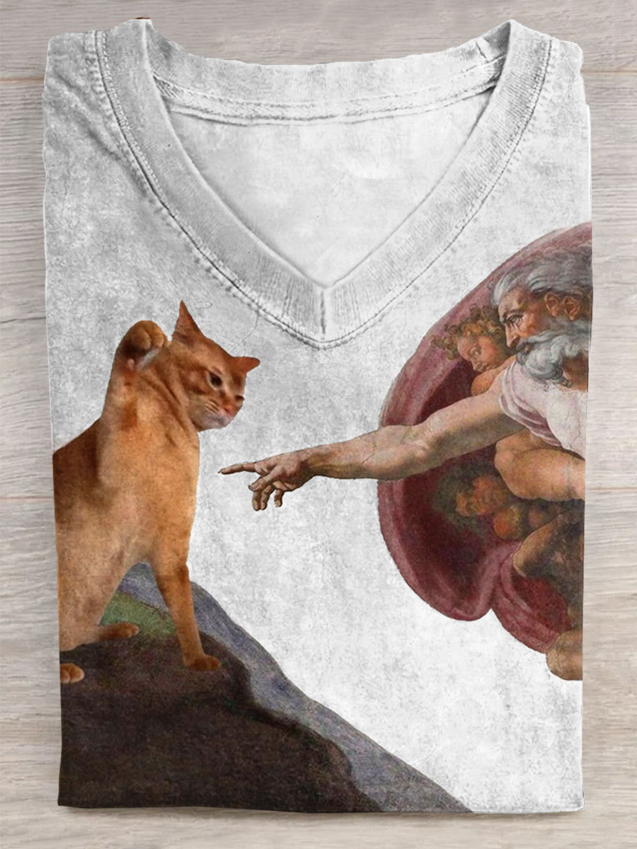 Vintage Funny Cat Art Print V-neck Casual T-Shirt