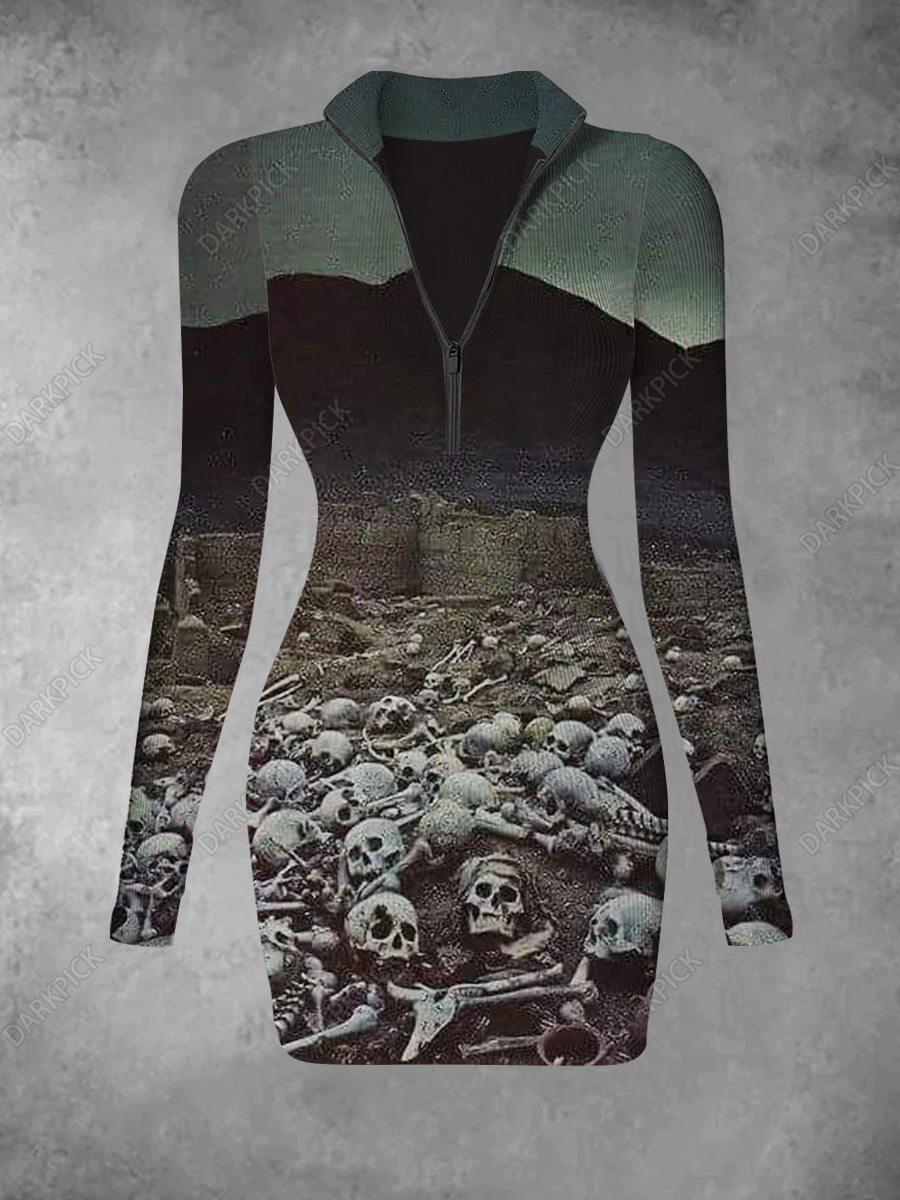 Women's Skeleton Printed Casual Fashion Long Sleeve Knitted Dress