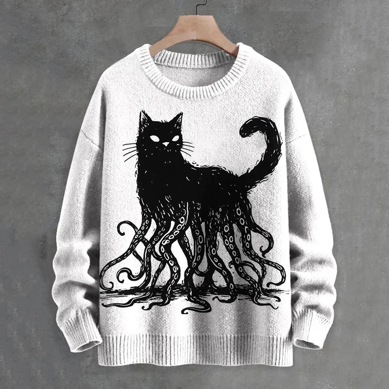 Men's Octopus And Black Cat Print Knit Cozy Sweater