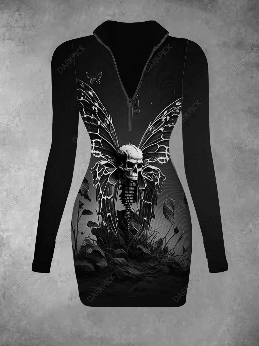 Women's Butterfly Skull Art Printed Casual Fashion Long Sleeve Knitted Dress