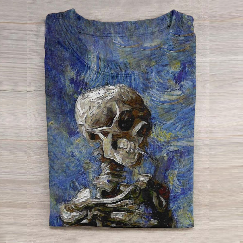 Skull of A Skeleton with Burning Cigarette Print Design T-shirt