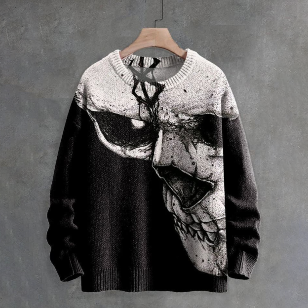 Men's Skull Print Casual Knit Crew Neck Sweater