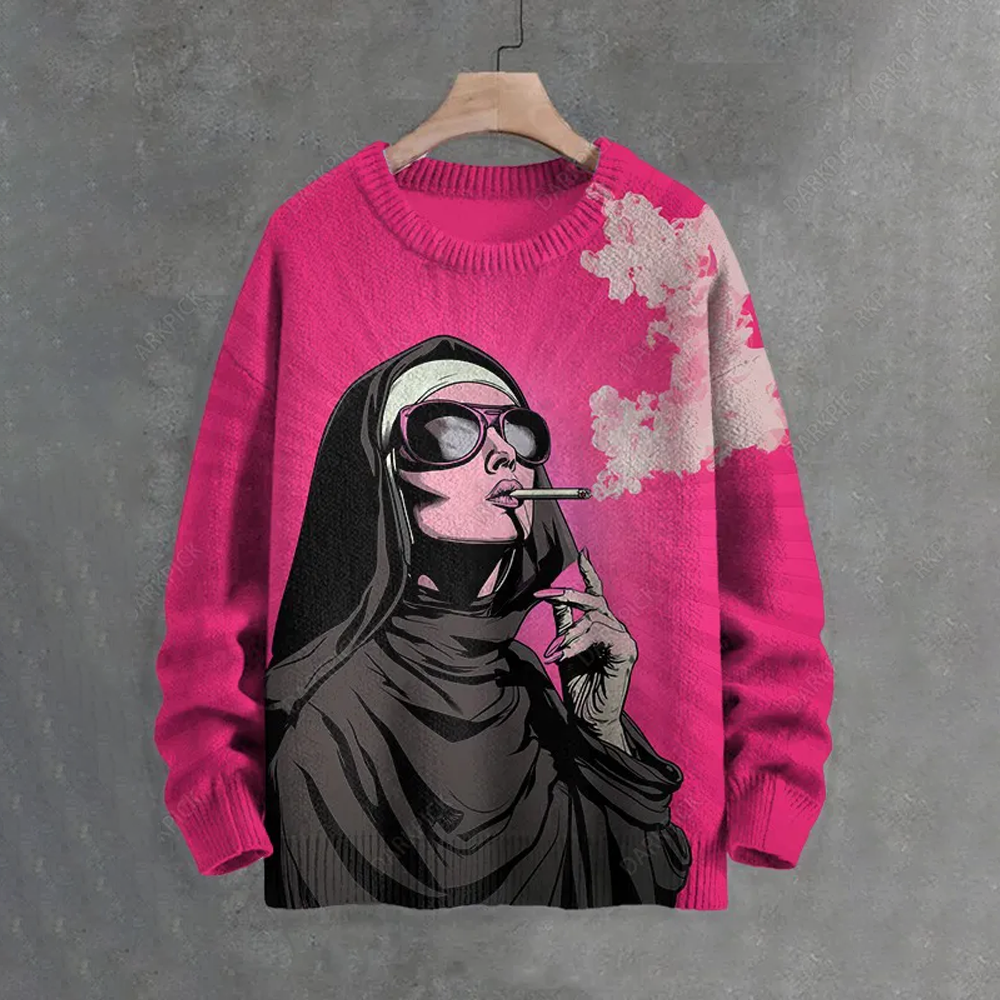 Men's Personality Nun Smoking Print Knit Sweatshirt