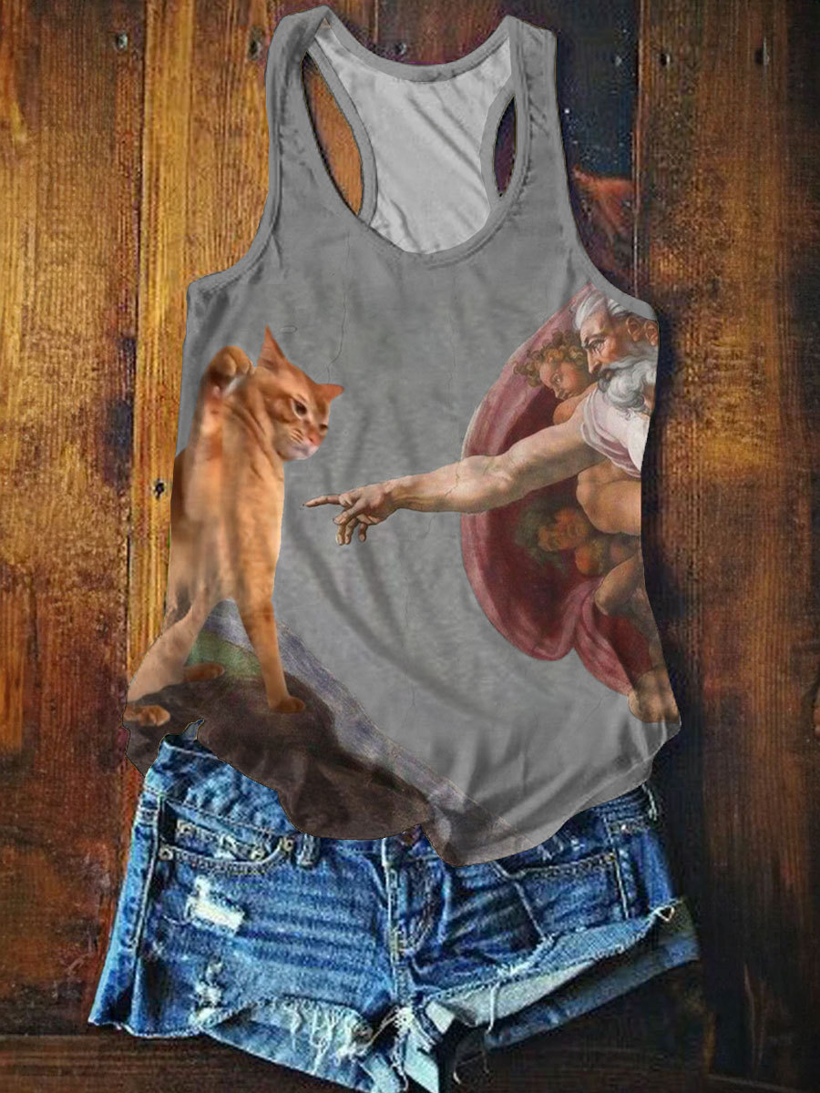 Vintage Funny Cat Art Print Casaul Short Sleeve T-shirt