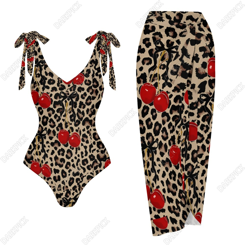 Women's Leopard Cherry Printed One Piece Swimsuits and Cover Ups