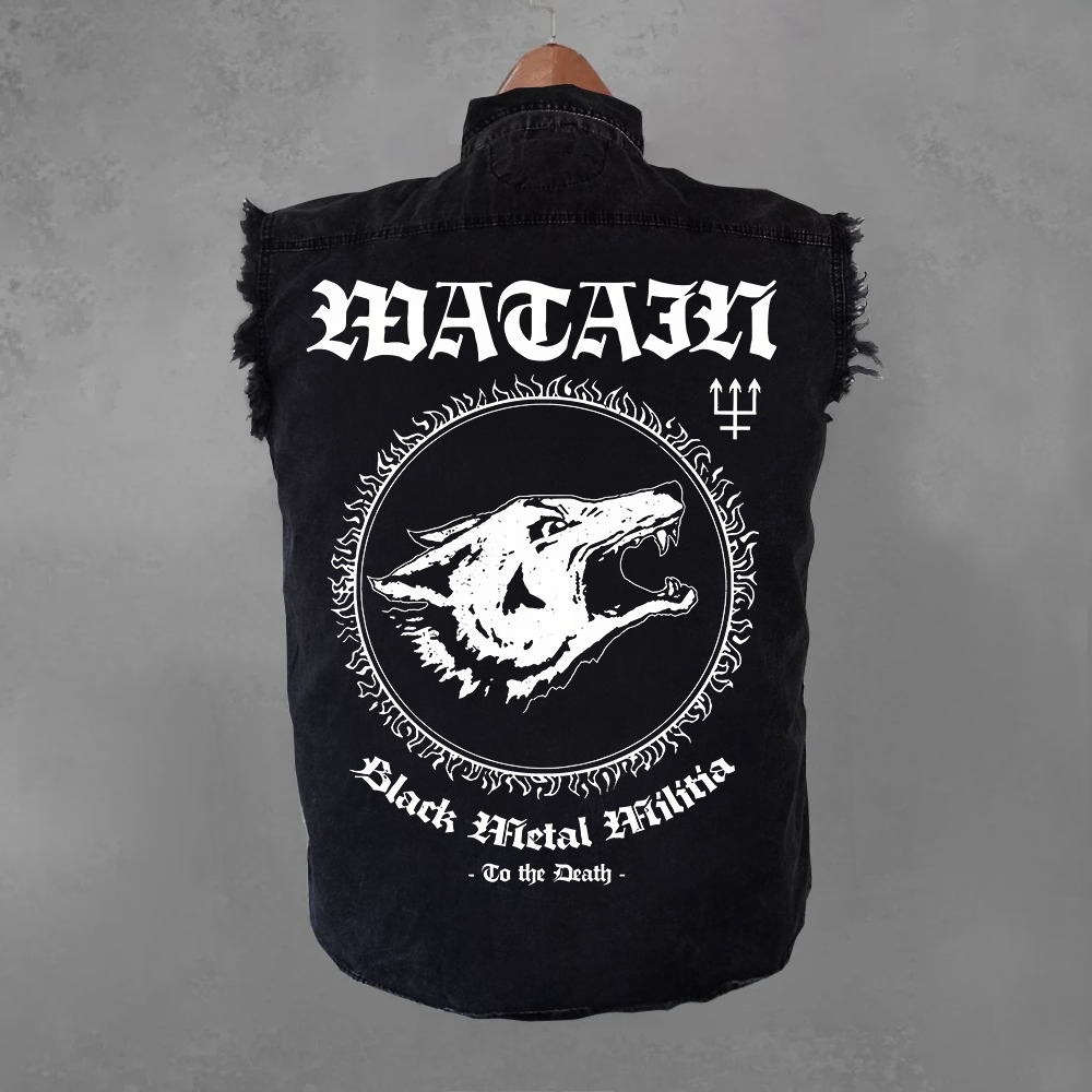 Men's Watain Black Metal Militia Wolf Sleeveless Denim Jacket