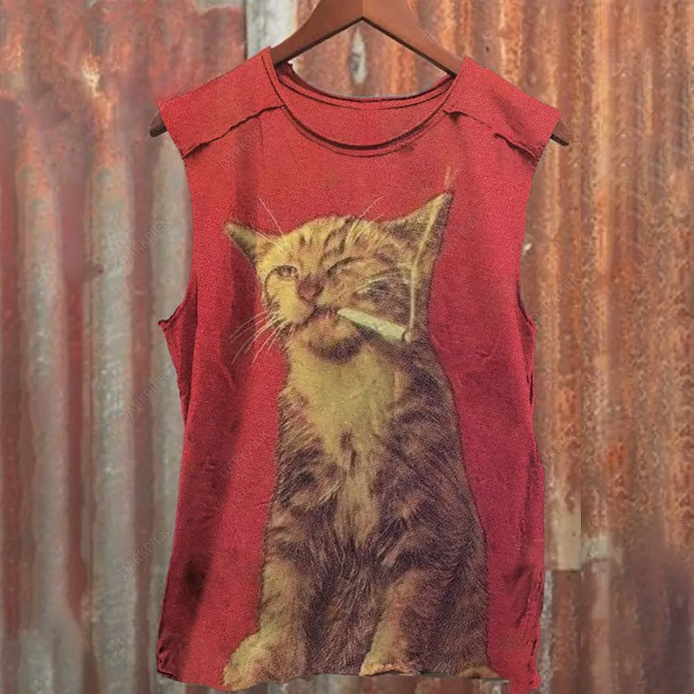 Somkecat Print 100% Cotton Casual Tank Top