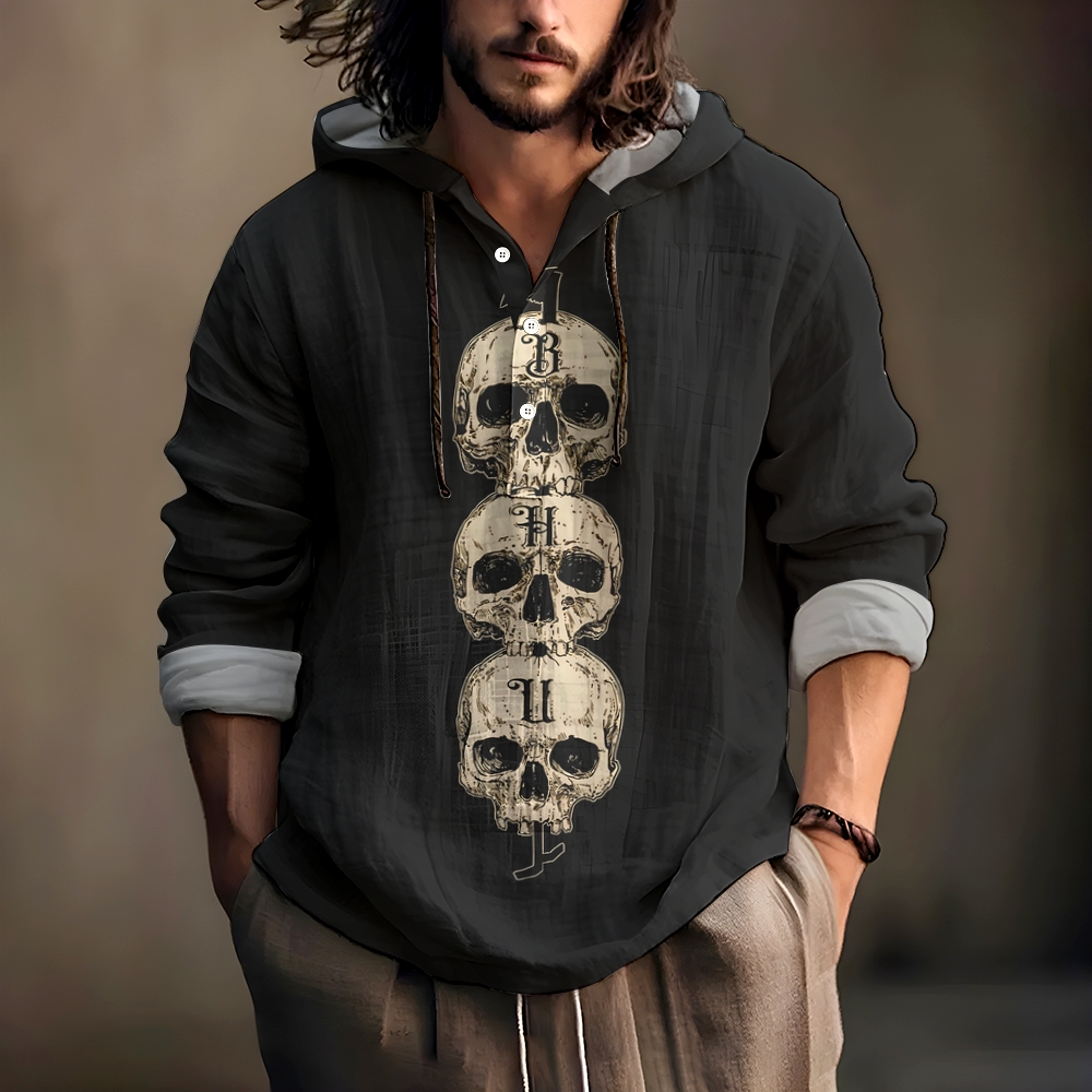 Men's Skull Dark Hooded Half-Sleeved Shirt