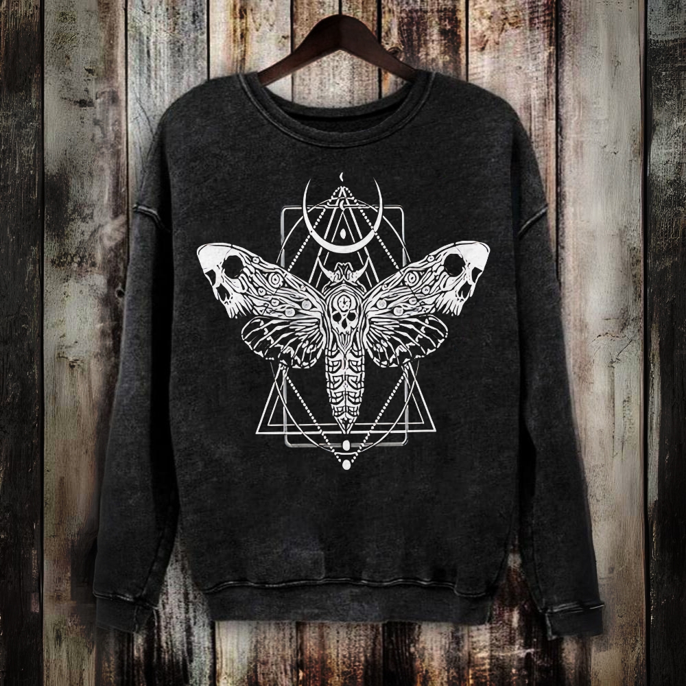 Surreal Death Moth Print Unisex Washed  Sweatshirt