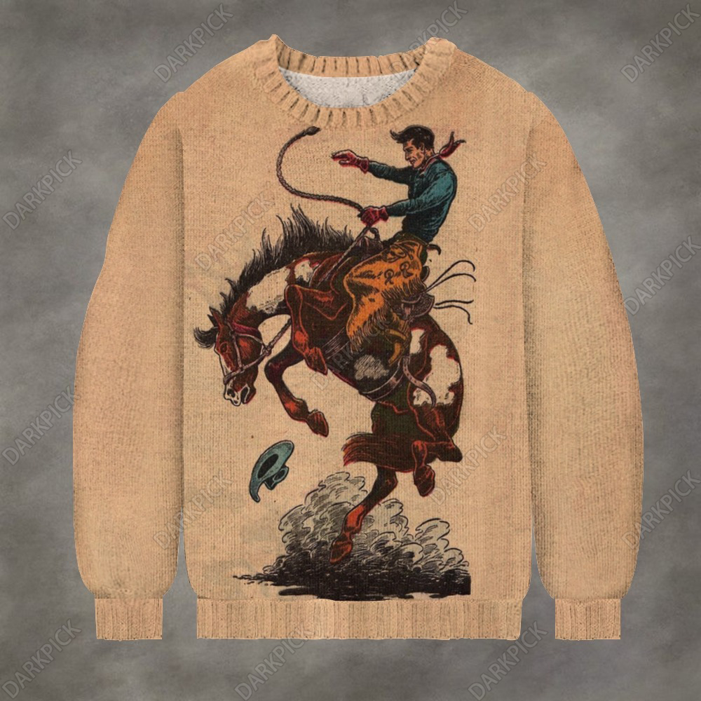 Western cowboy riding illustrationt Crew Neck Sweater