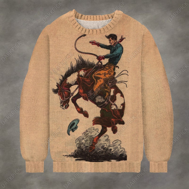 Western cowboy riding illustrationt Crew Neck Sweater