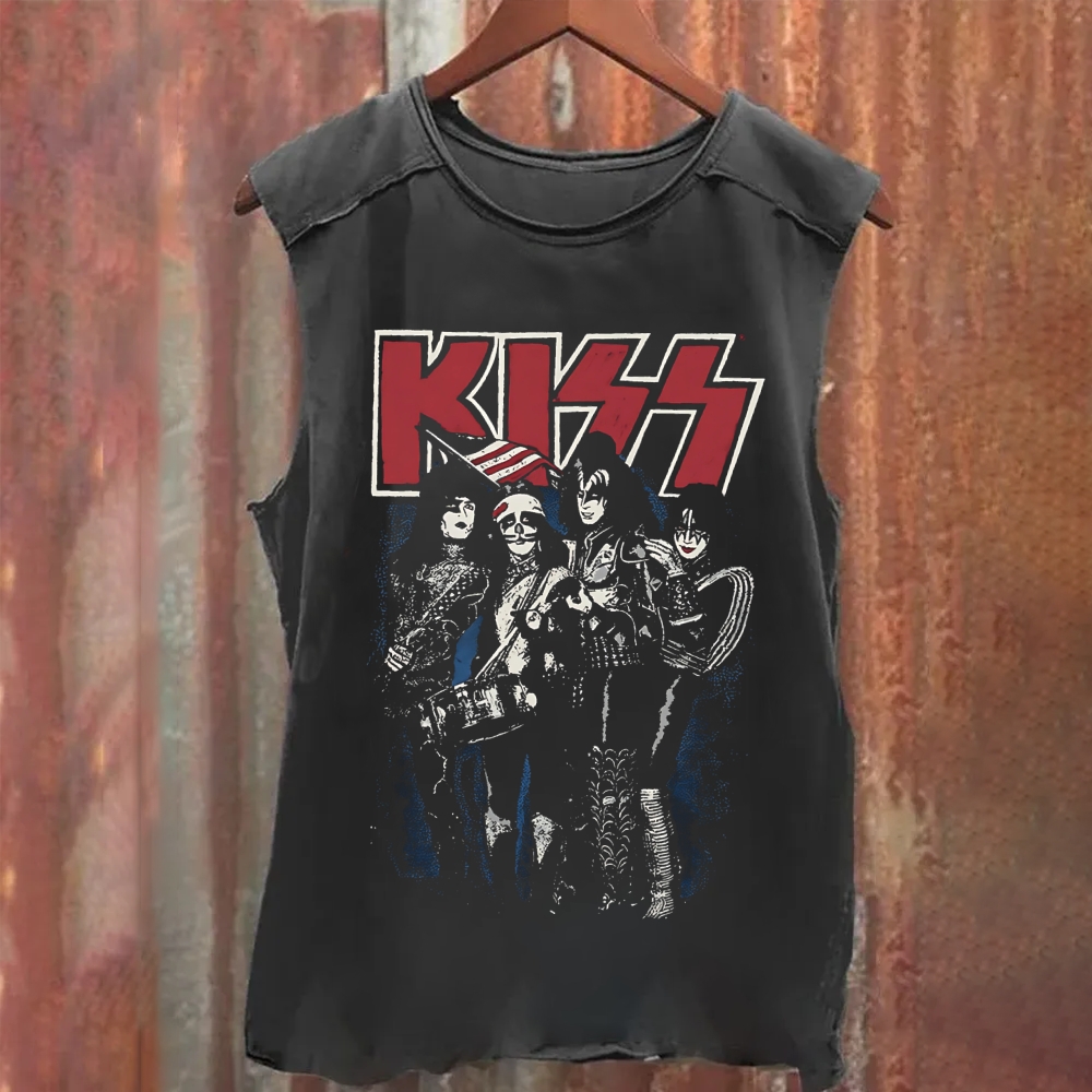 Unisex Vintage Washed Kiss Rock Heavy Metal Band Tank Top