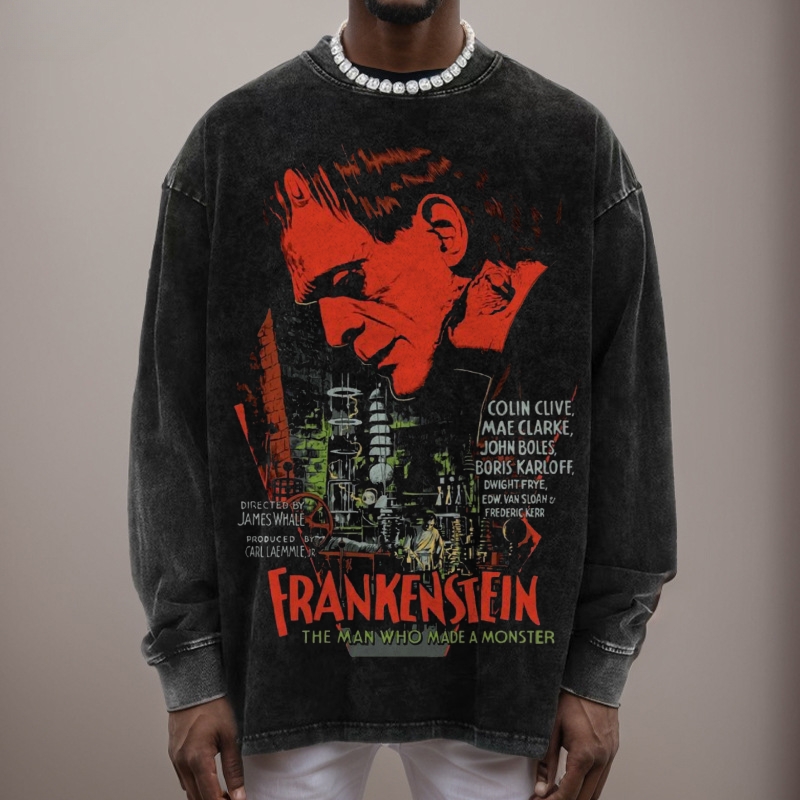 Unisex Casual Washed Frankenstein Movie Long-sleeved T-shirt