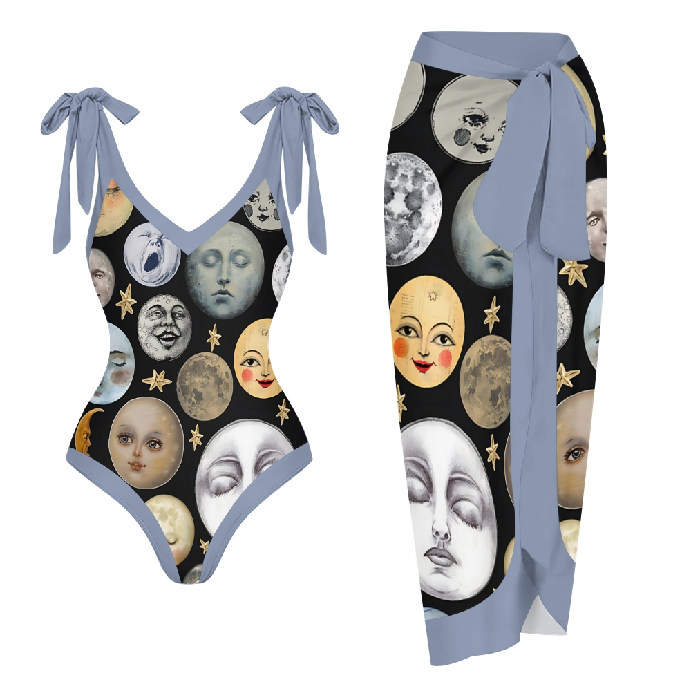 Women's Funny Moon Face Emoji  Printed One Piece Swimsuits and Cover Ups