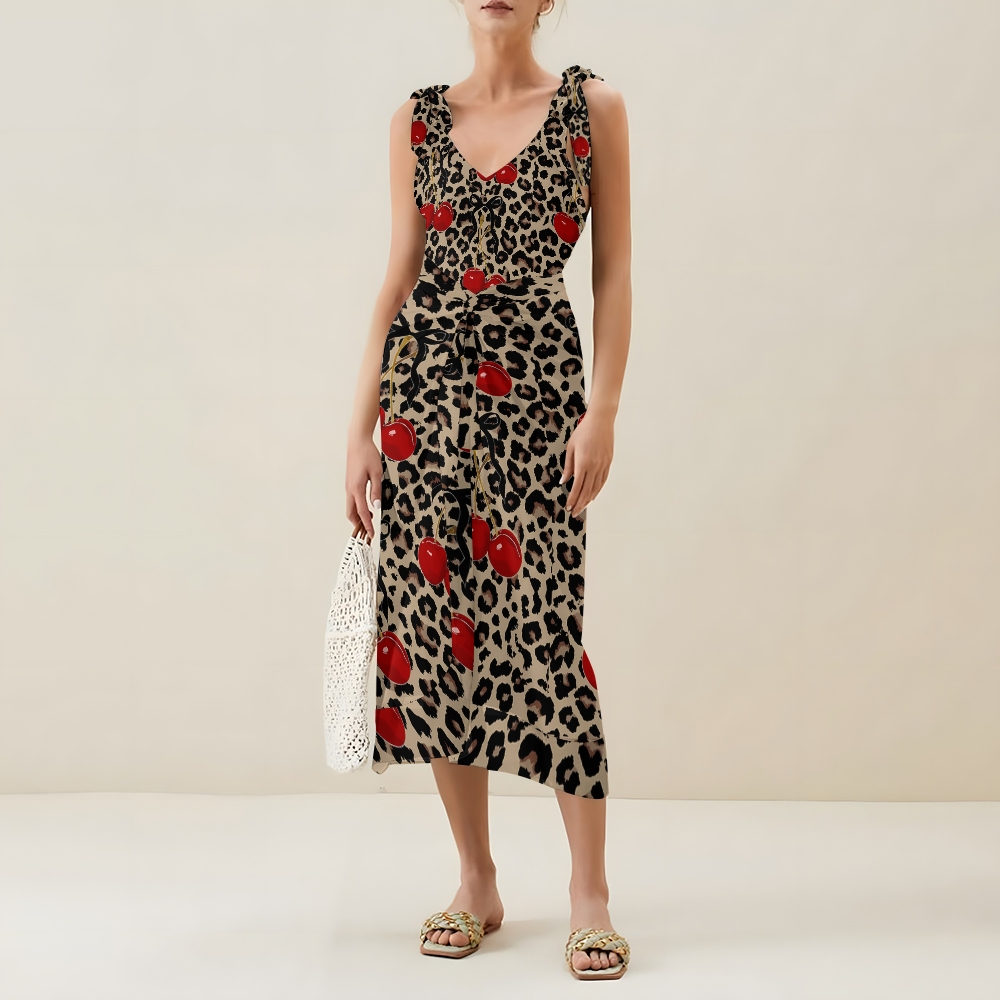 Women's Leopard Cherry Printed One Piece Swimsuits and Cover Ups