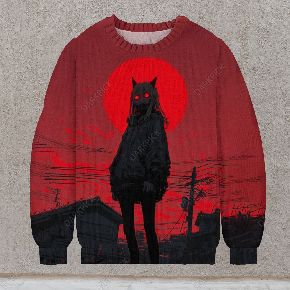 Men's Dark Girl Print Print Casual Knit Crew Neck Sweater