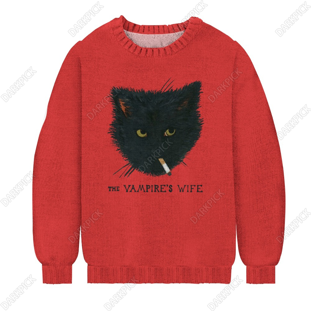 Men's  The Vampire's Wife Cat Print Casual Knit Crew Neck Sweater