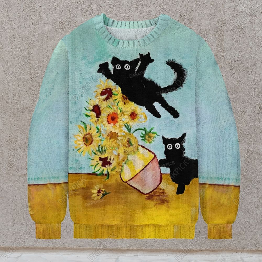 Cute Black Cat  Men's Print Casual Knit Crew Neck Sweater
