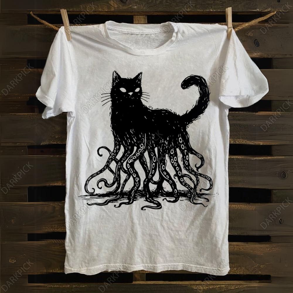 Unisex cotton Octopus And Black Cat Print T-shirt