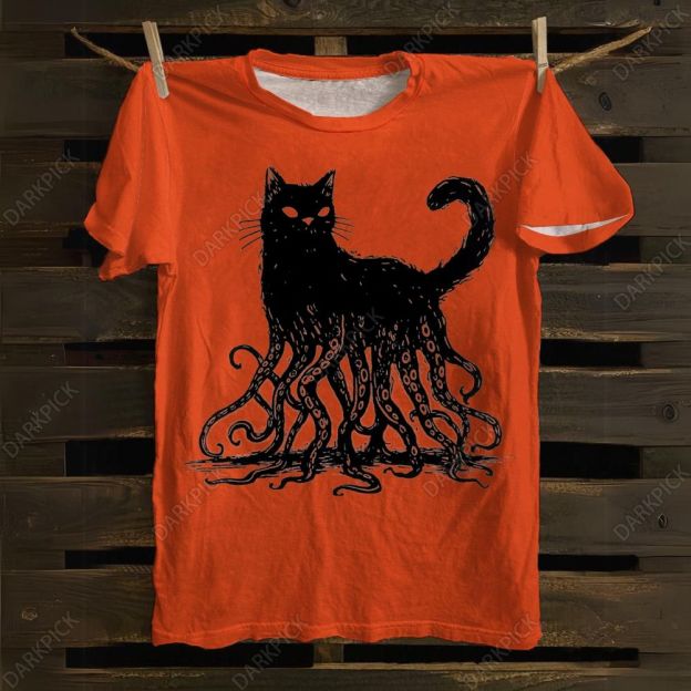 Unisex cotton Octopus And Black Cat Print T-shirt