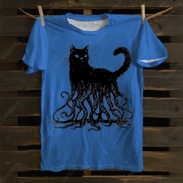 Unisex cotton Octopus And Black Cat Print T-shirt