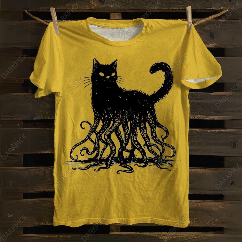 Unisex cotton Octopus And Black Cat Print T-shirt