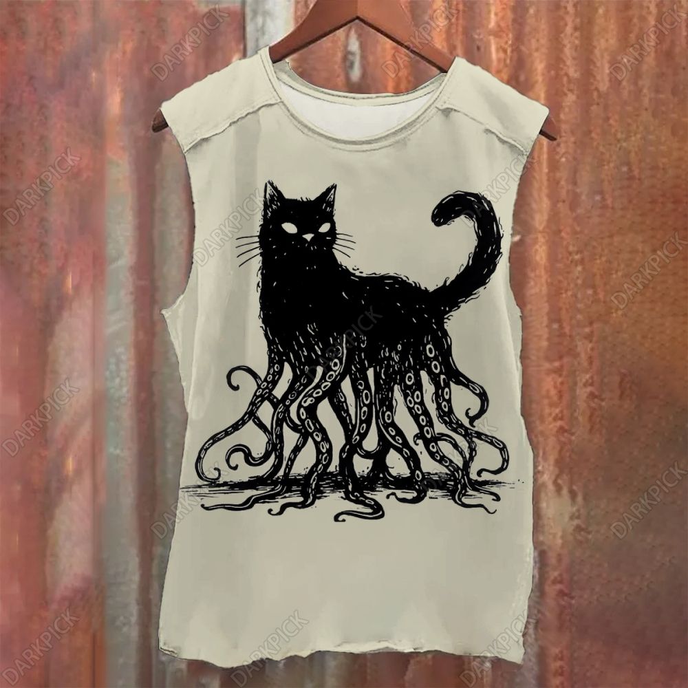 Unisex Vintage Washed Octopus And Black Cat Print Tank Top