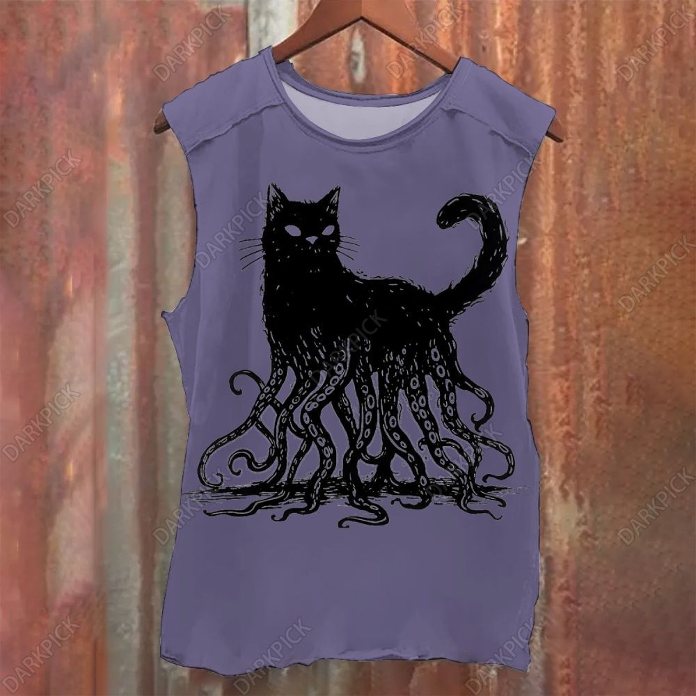 Unisex Vintage Washed Octopus And Black Cat Print Tank Top
