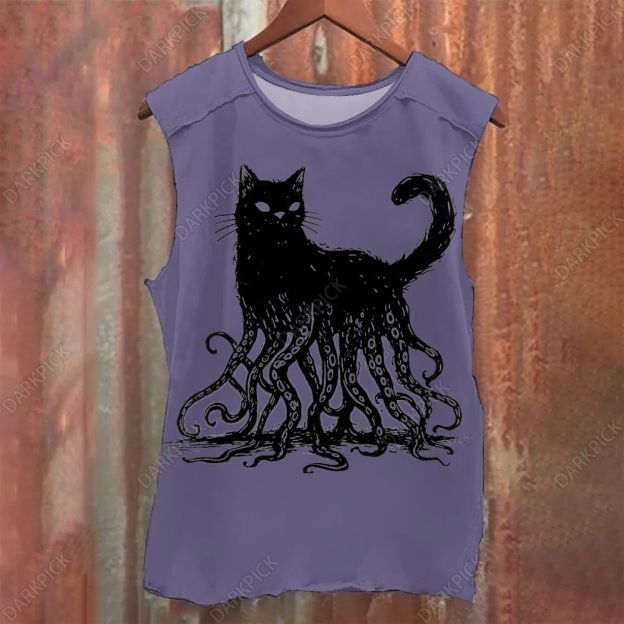 Unisex Vintage Washed Octopus And Black Cat Print Tank Top