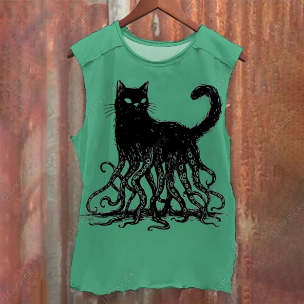 Unisex Vintage Washed Octopus And Black Cat Print Tank Top