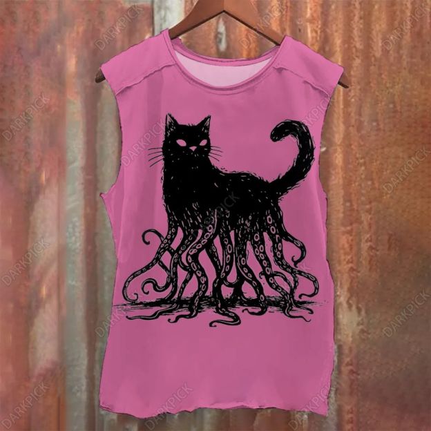 Unisex Vintage Washed Octopus And Black Cat Print Tank Top
