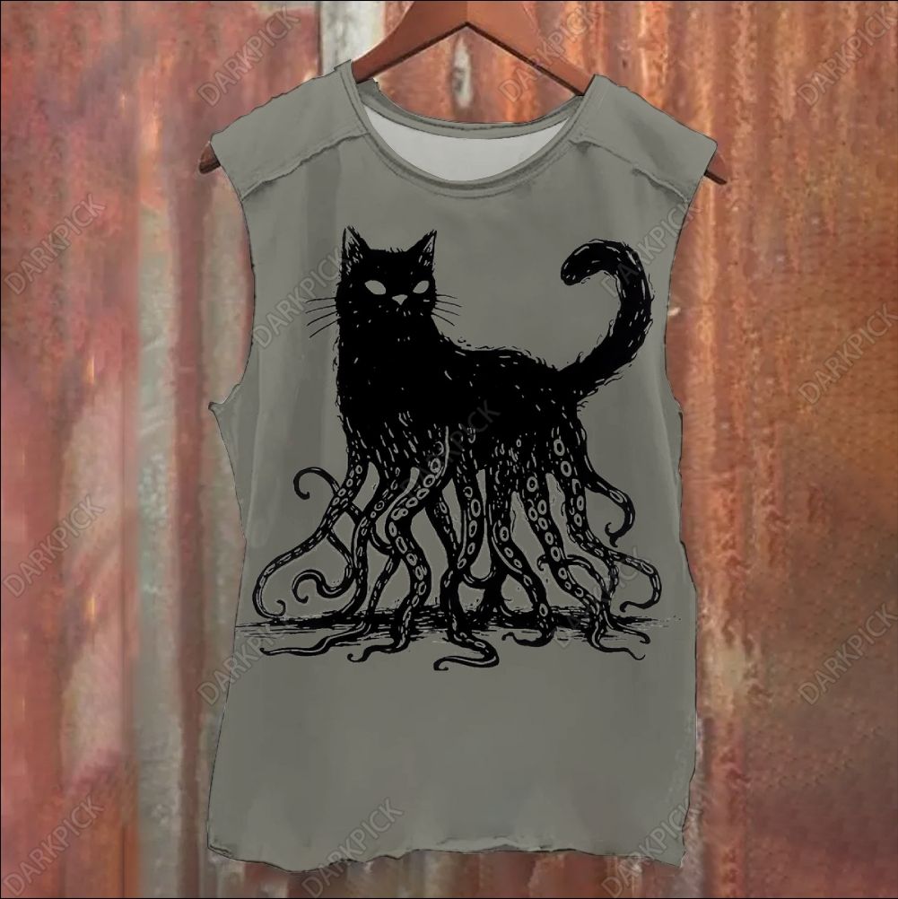 Unisex Vintage Washed Octopus And Black Cat Print Tank Top