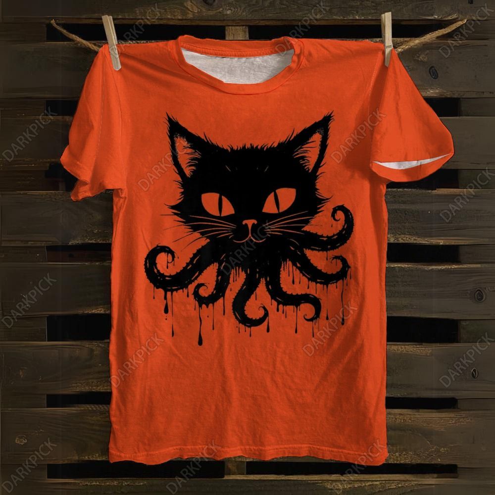 Octopus And Black Cat cotton T-shirt