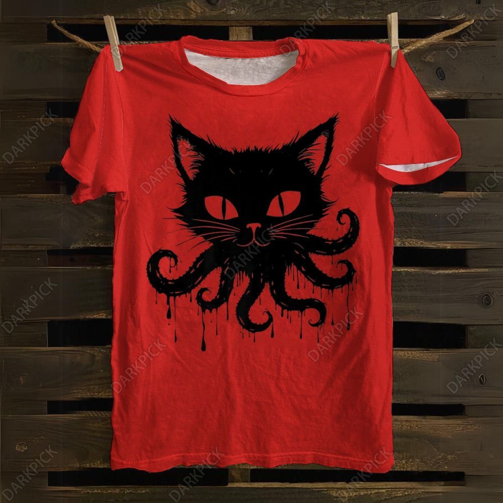 Octopus And Black Cat cotton T-shirt