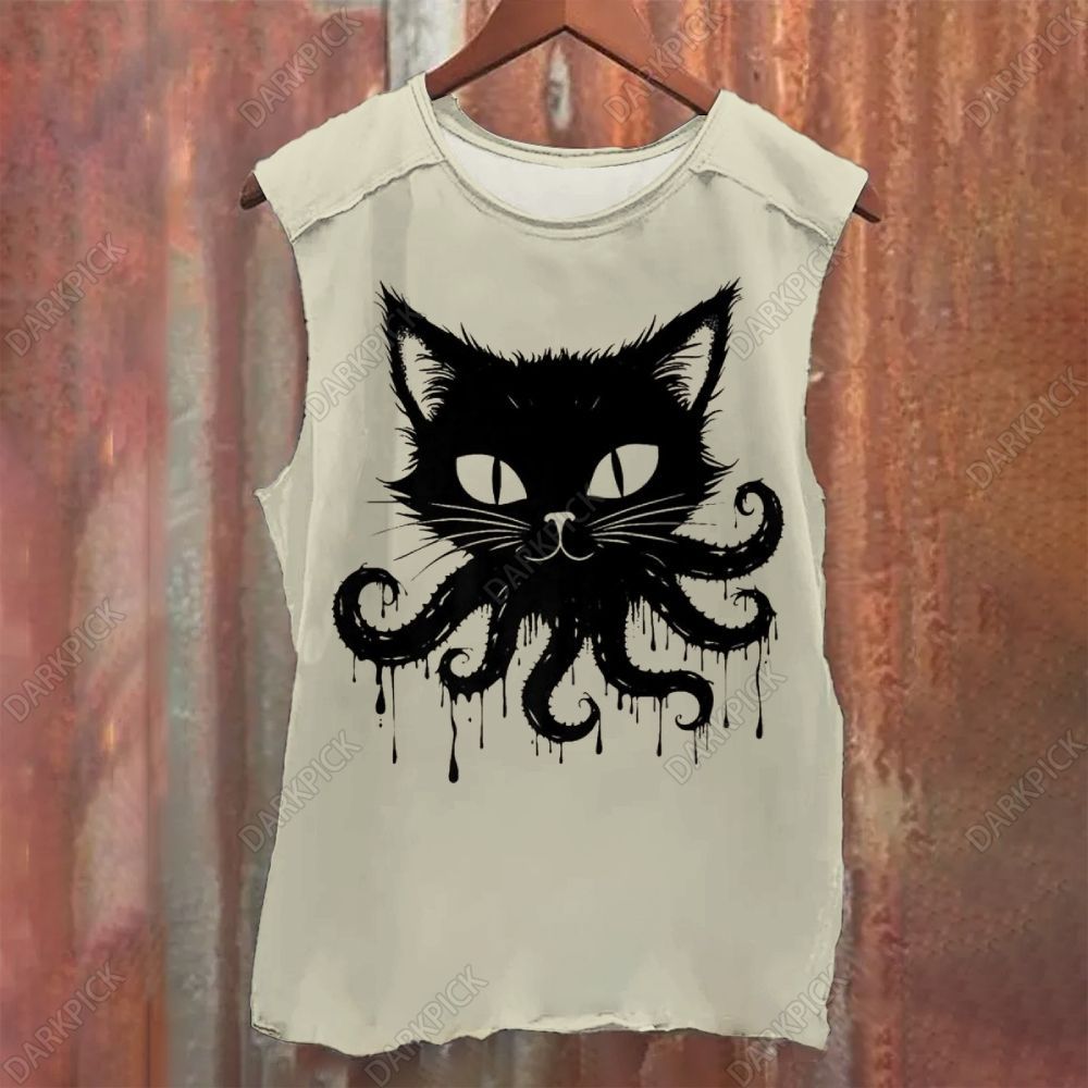 Octopus And Black Cat Vintage Washed Tank Top