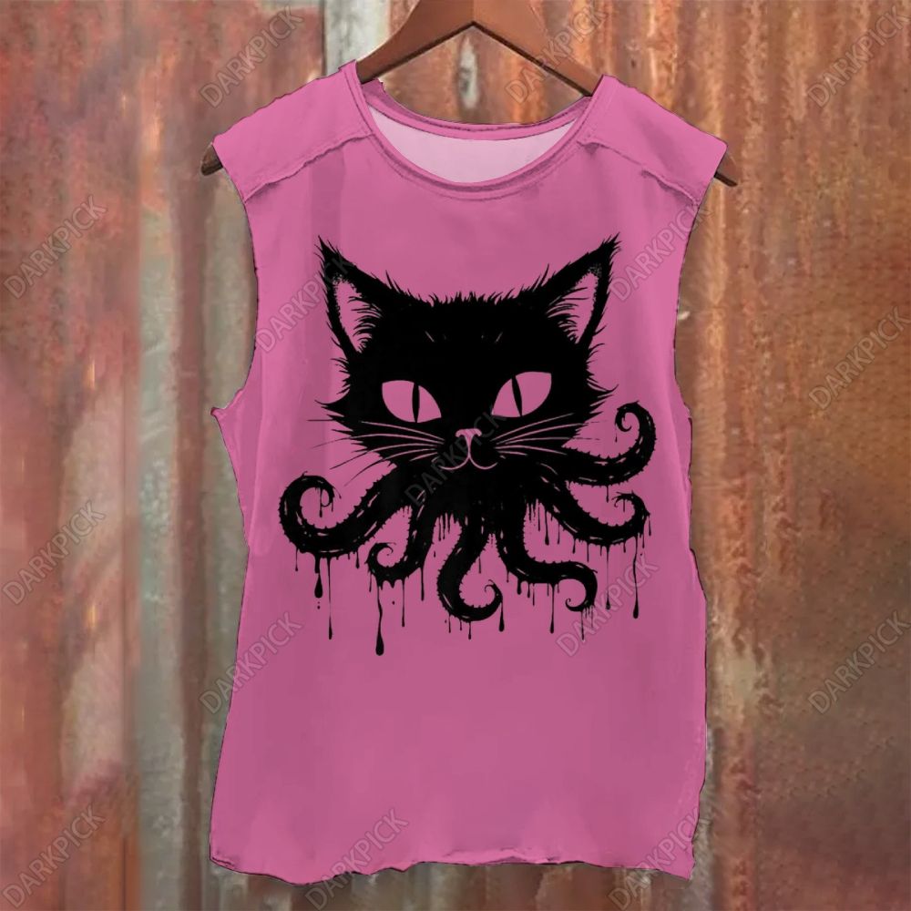Octopus And Black Cat Vintage Washed Tank Top