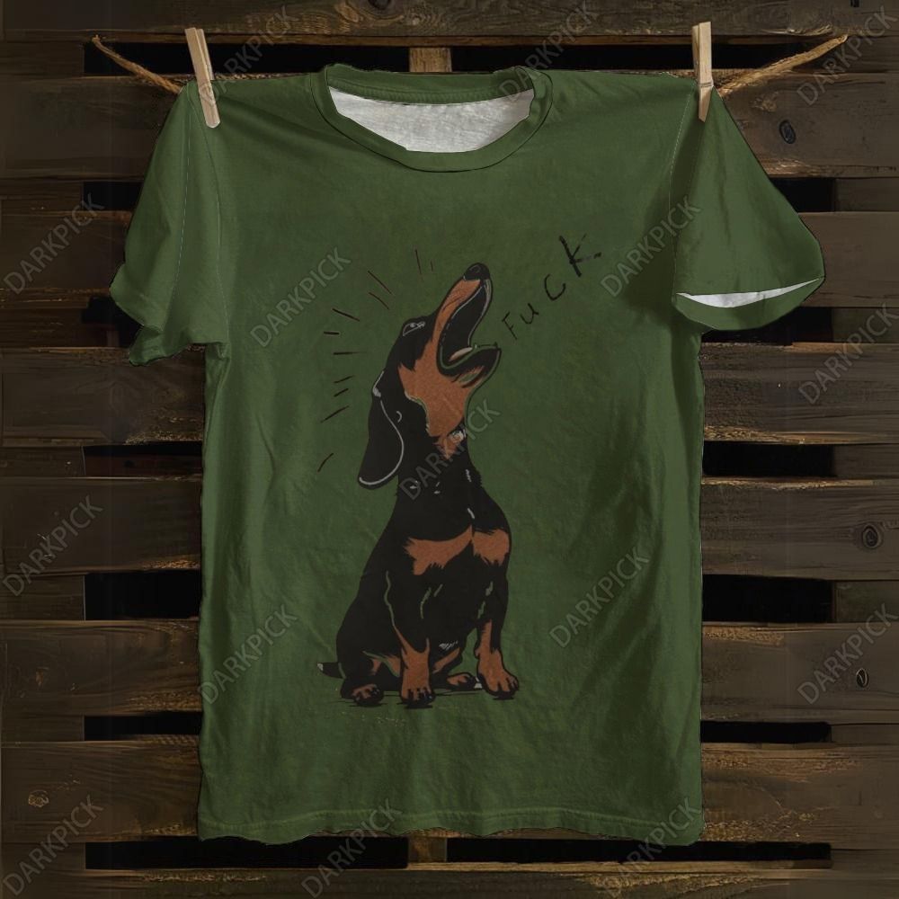 Brown Dachshund Yelling Fuck Print Cotton T-shirt