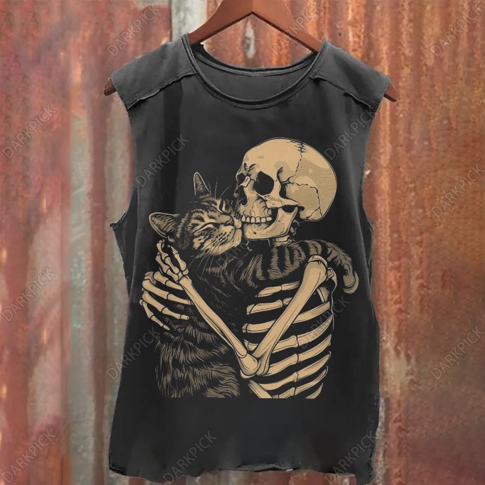 Black Cat Skull Hug Vintage Washed Tank Top