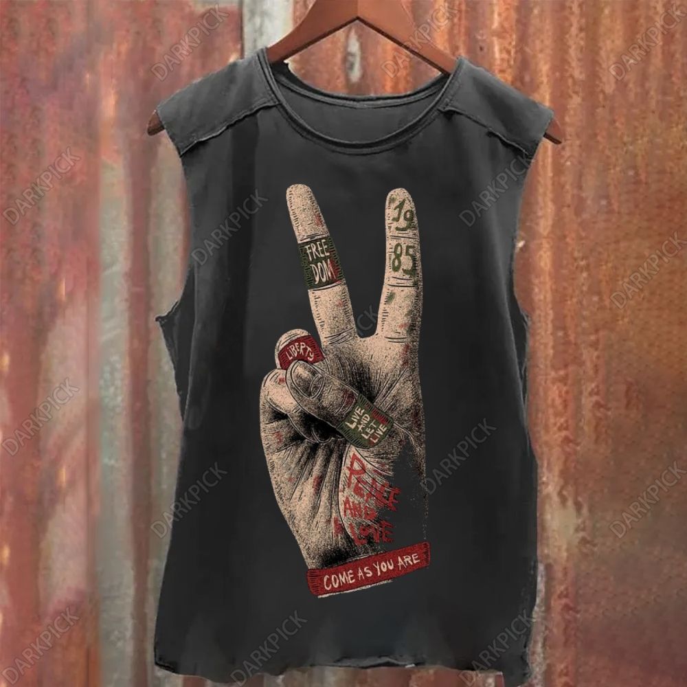 Music V Sign Illustration Art Vintage Washed Tank Top