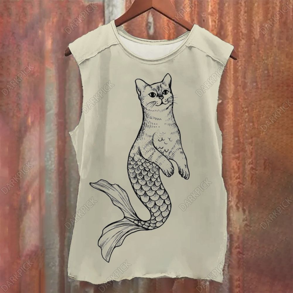Mermaid Cat Vintage Washed Tank Top