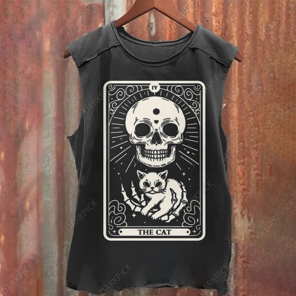 Vintage Washed The Cat Tarot Skull Tank Top